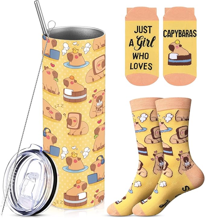 Funnymoom 2 Pack Capybara Themed Party Gifts Set Skinny Tumbler 20 oz Travel Coffee Mug Socks Novelty Cute Animals, Christmas Birthday Party Gifts for Capybara Themed