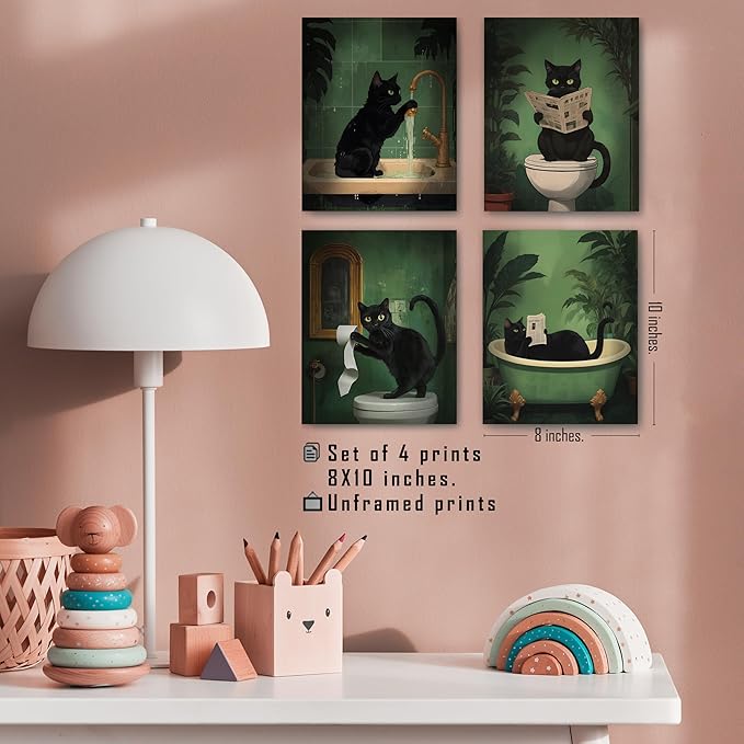 FITIE Funny Black Cat Bathroom Wall Art Prints Set of 4, Funny Black Cat Reading on Toilet Bathtub Wall Art Posters for Bathroom Washroom Restroom Decor, 8x10 Unframed