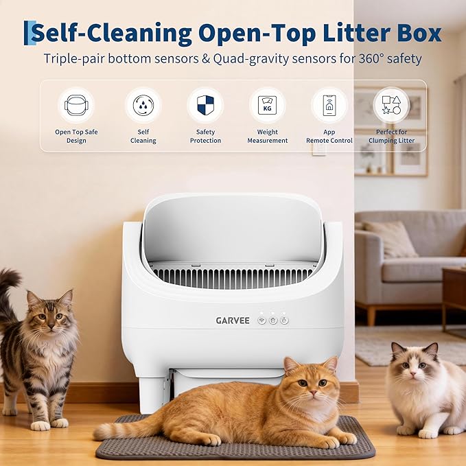 Self Cleaning Litter Box, Automatic Cat Litter Box with APP Control, Odor-Free Waste Disposal Includes Trash Bags, Large Waste Bin, Open-Top, for Large Cats & Multiple Cats