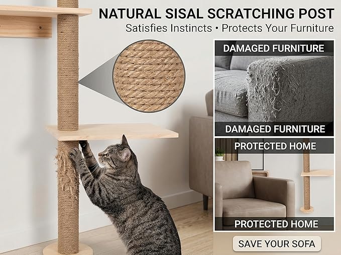Cat Tree Wall Mounted,Tall Scratching Post for Indoor Cats Climbing Tower Activity Wood Cat Wall Furniture(Wood)