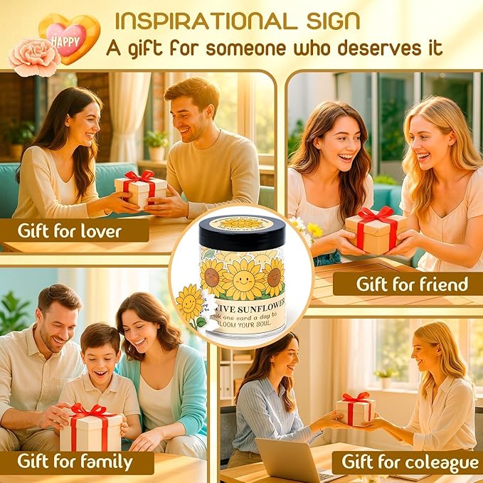 DEARMINE Positive Sunflower Jar with 60 Daily Affirmation Cards, Emotional Support Gift, Sunflower Gifts for Women, Birthday or Get Well Gifts