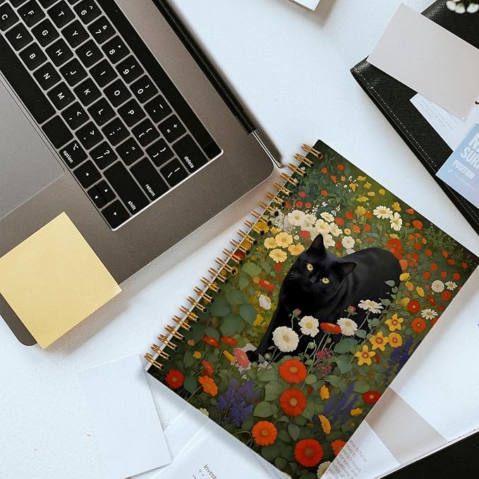 Vintage Moody Botanical Black Cat Notebook, Cottagecore Colorful Wildflower Witchy Kitty Journal for Writing, Cat Office Supplies, Spiral Notebook 5.5x8.3 Inch