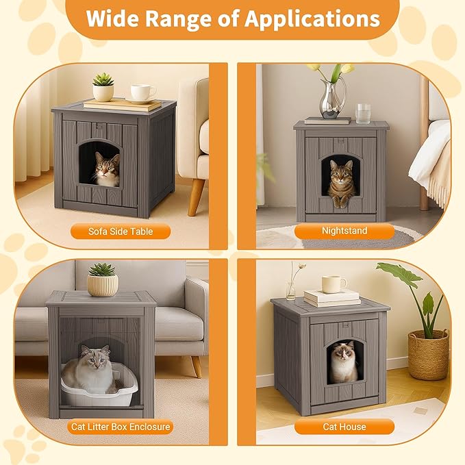 Cat Litter Box Enclosure, Plastic Hidden Litter Box Side Table with Openable Front Door, Cat Box Enclosure Cabinet for Indoor & Outdoor Use, Weatherproof, Easy to Clean & Assemble, Grey