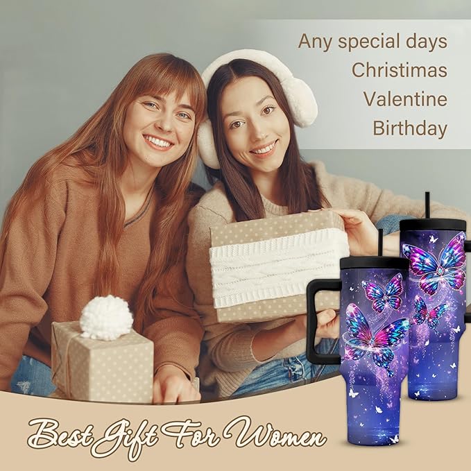 Butterfly Gifts For Women, Butterfly Cup Leak Proof Tumbler With Handle 40 Oz, Birthday Christmas Gifts For Women Girl Wife, Purple Gem Bling Cup, Christmas Travel Coffee Tumbler