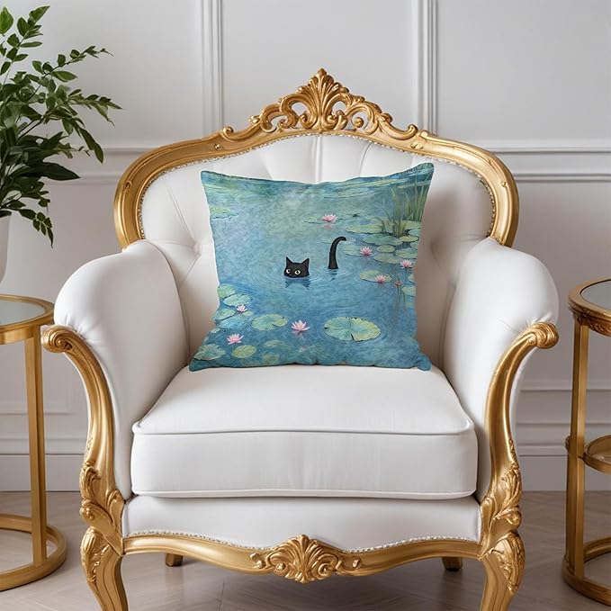 Black Cat Art Painting Throw Pillow Covers 18x18, Aesthetic Black Cat Decor Pillow Covers, Vintage Cats Decor for Room Bedroom, Cats Lovers Lady Mom Grandma Gifts