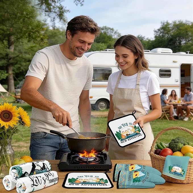 10 Pcs Camping Kitchen Decor and Accessories - Sets 4 Kitchen Towels 2 Pot Holders 2 Oven Mitts 2 Rugs for Kitchen Bathroom Home Funny Cooking Farmhome Housewarming Baking Gifts for Rv Campers