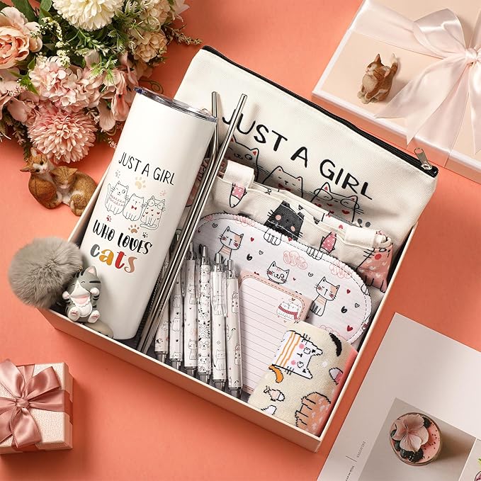 Wonderjune 14 Set Cat Lover Gift Basket, Cat Mom Gifts for Women Birthday Mother's Day Presents for Her Friends Mom Sister Wife Coworkers Daughter Aunt