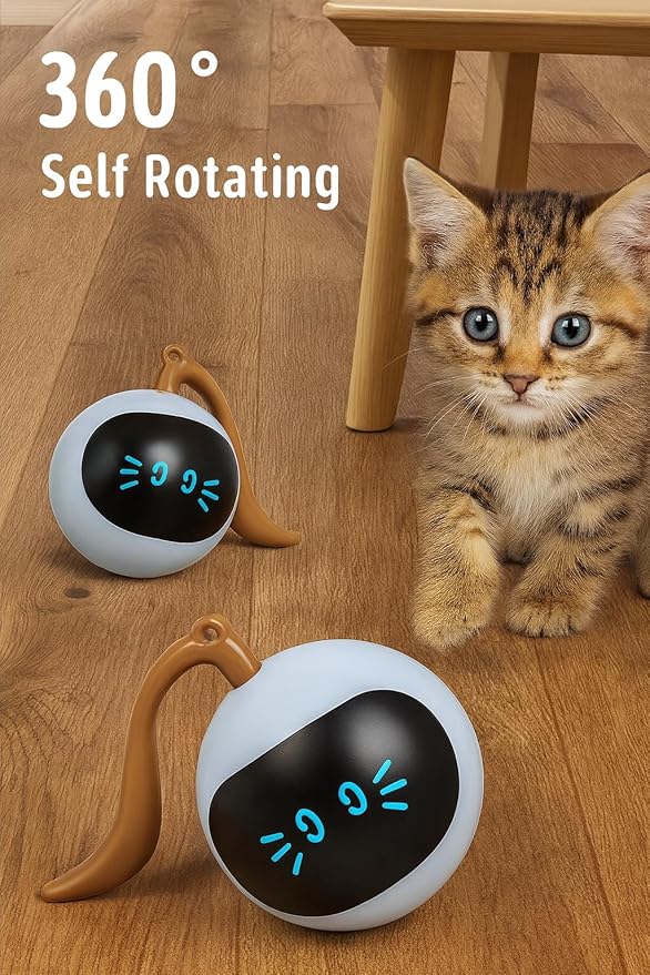 Smart Interactive Cat Ball Toy for Indoor Cats USB Rechargeable, Auto Rolling & Light-Up, Motion-Activated with Teaser Tail, Self-Play Exercise Toy