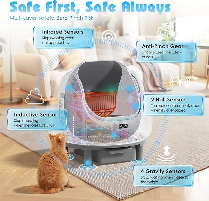 Automatic Cat Litter Box, Self Cleaning Litter Box with APP Control for Multiple Cats, Large Robot Kitty Litter Box with Safety Sensors, Odor Removal, 2 Roll Garbage Bags, 90L Open-Top Design
