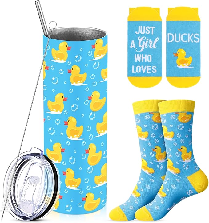 Funnymoom 2 Pack Cute Duck Gifts Set Skinny Tumbler 20 oz Travel Coffee Mug Novelty Cute Animals Socks, Christmas Birthday Party Gifts for Duck Theme