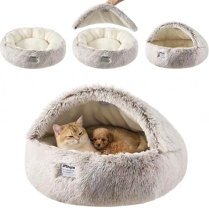 Hooded Dog Bed, Cat Cave Bed with Removable Hood, 2-in-1 Convertible Donut Cat Bed, All Season Fluffy Pet Bed for Cats Small Dogs (Cave Bed - Coffee Color, Medium 19.7 Inches)