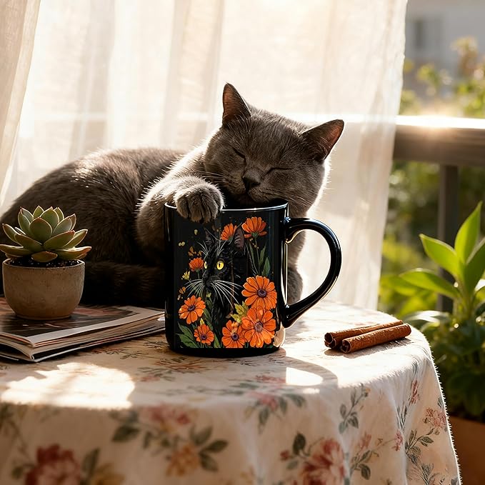 Mystical Floral Black Cat Mug, Black Cat Gifts Coffee Cup, Cats Lover Mom Dad Gifts, Dark Aesthetic Orange Daisy Flower Kitten Kitty Ceramic Coffee Mug 11 oz