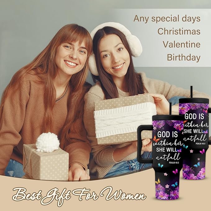 Christian Gifts For Women, Christian Tumbler 40 Oz, God Is Within Her She Will Not Fall, Christmas Inspirational Religious Cup For Women, Christmas Travel Coffee Tumbler