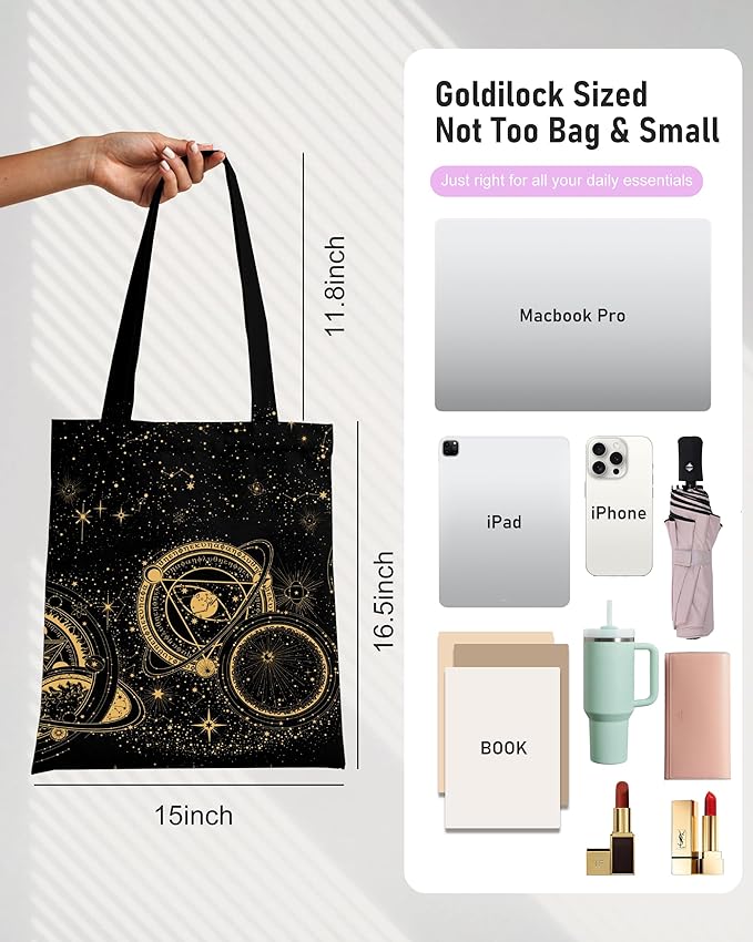 DYALE Canvas Tote Bag Double-Sided Prints with Snap Closure, Cute Tote Bag with Pocket for Shopping, Library, Work, Travel