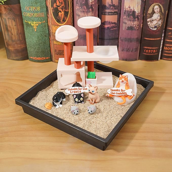 Tian Zhun Cat Lover Gifts for Women Adults Cat Mom Gifts Mini Zen Garden for Desk Cats Themed Gift Sand Tray Therapy Kit Sand Included