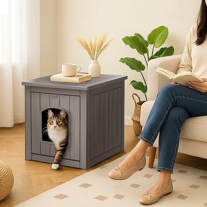 Cat Litter Box Enclosure, Plastic Hidden Litter Box Side Table with Openable Front Door, Cat Box Enclosure Cabinet for Indoor & Outdoor Use, Weatherproof, Easy to Clean & Assemble, Grey
