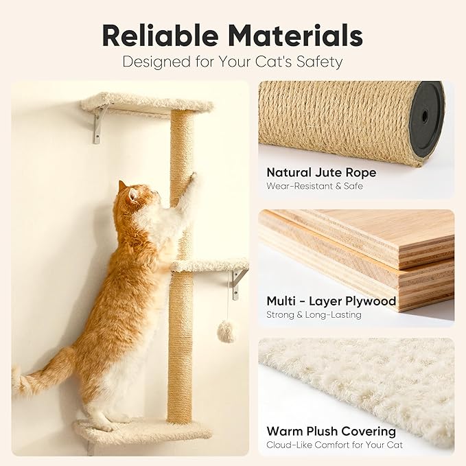 FUKUMARU Cat Wall Shelves, Stable & Safe 4 in 1 Cat Walls Furniture Set, Wooden Kitten Climbing Wall with Scratching Post for 16 Inch Drywall - Beige