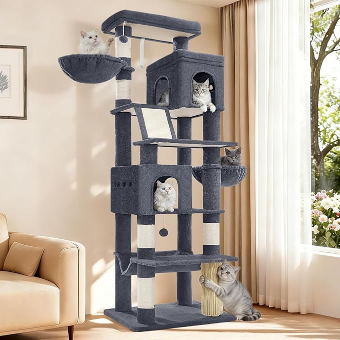 Hzuaneri Large Sturdy Cat Tree Tower, 75 Inch Tall Pet Condo for 7 Large Cats, Cat Tree Indoor Climbing Activity Tower, 2 Large Platform/2 Cave/2 Hanging Basket/5 Scratching Post, Dark Grey MS19018SG