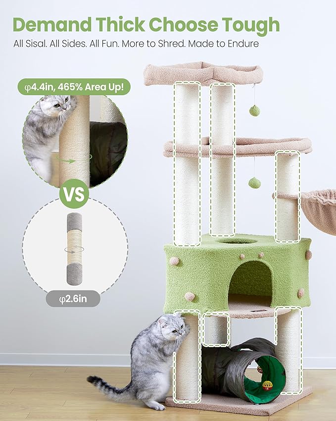 Cat Tree Tower for Large Cats Adult - 60 Inch XXL Sturdy Heavy Duty Extra Wide Scratching Posts (φ4.4in) Condo - Indoor Big Cat House Hammock Perch - XL Wood Multi Level Feline Pet Bed Trees Houses