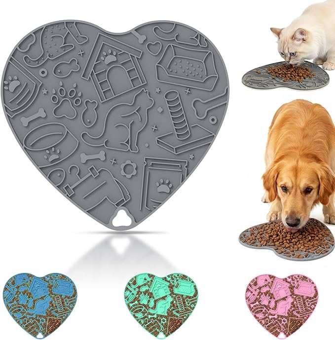 Silicone Slow Feeder Dog & Cat Bowl with Suction Cups – Non-Slip Fun Pattern for Dogs and Cats, Interactive Pet Enrichment Bowl, Treat Eating Feeder, Heart-Shaped Mat Compatible (Grey)