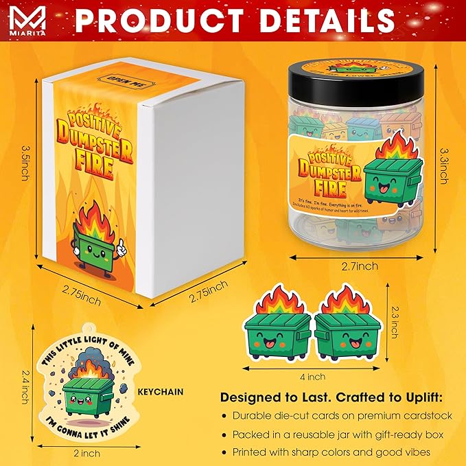 60 Positive Dumpster Fire Cards Jar, Emotional Supports 60 Affirmation Cards for Women, Dumpster Fire Desk Accessories, Unique Zen Garden, Coworker Gifts for Women, White Elephant Gifts