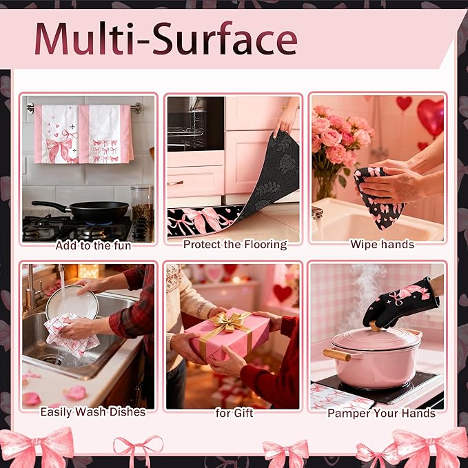 10 Pcs Cute Pink Bow Kitchen Decor and Accessories - Valentines Day Sets 4 Dish Towels 2 Pot Holders 2 Oven Mitts 2 Rugs for Kitchen Bathroom Home Cooking Housewarming Baking Daughter Mom Gift