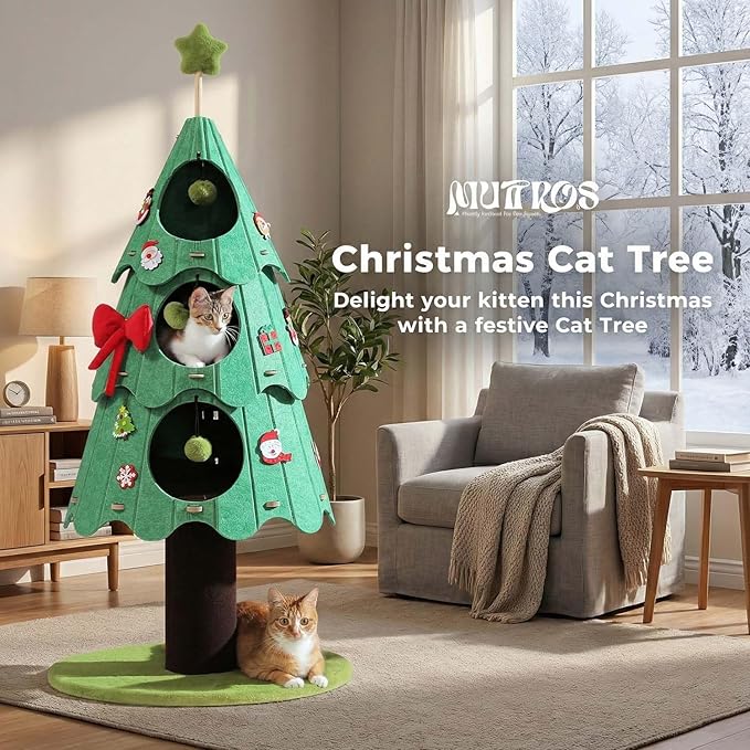 MUTTROS 53 Inch Christmas Cat Tree for Indoor Cats, Cat Tower with 3 Condos & 4 Pompoms, Multi-Cat Furniture with Holiday Felt Stickers, Activity Center & Beds, Green