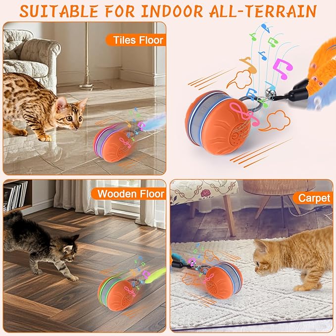 BABORUI Interactive Cat Toy Ball with Music- Automatic Interactive Cat Toys for Indoor Cats with 3 Tails, 2 Speeds Rechargeable Cat Enrichment Toy for Small/Medium/Large Cats to Keep Them Busy(Orange)