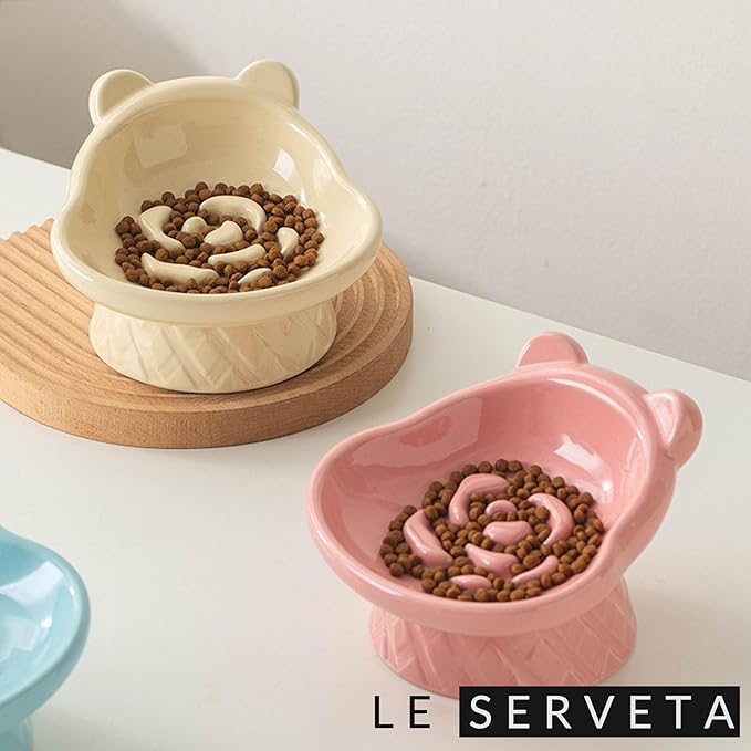 Winnie The Pooh Series Ceramic Slow Feeder Cat Bowl, Raised Anti-Gulping Design with Bear Ears, Pastel Colors, Quilted Pattern Base (Pink)
