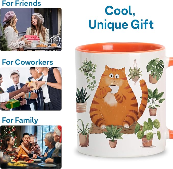 Hyturtle Cute Orange Cat Coffee Mug, Christmas Gifts For Cat Mom, Plant Decor Gift For Plant Lovers, Gardening Birthday Gift for Girls, Gardener Present 11oz Two Tone Orange White Ceramic Tea Mug Cup