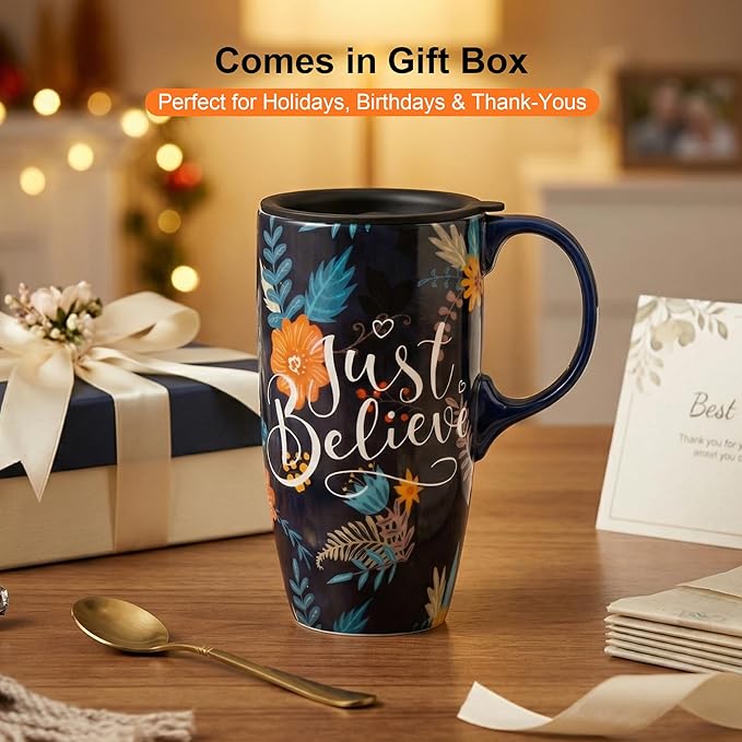 Topadorn 17oz Ceramic Travel Mug with Lid & Handle, Porcelain Coffee Cup with Gift Box, Dishwasher & Microwave Safe, Ideal for Daily Use, Commute & Gifting