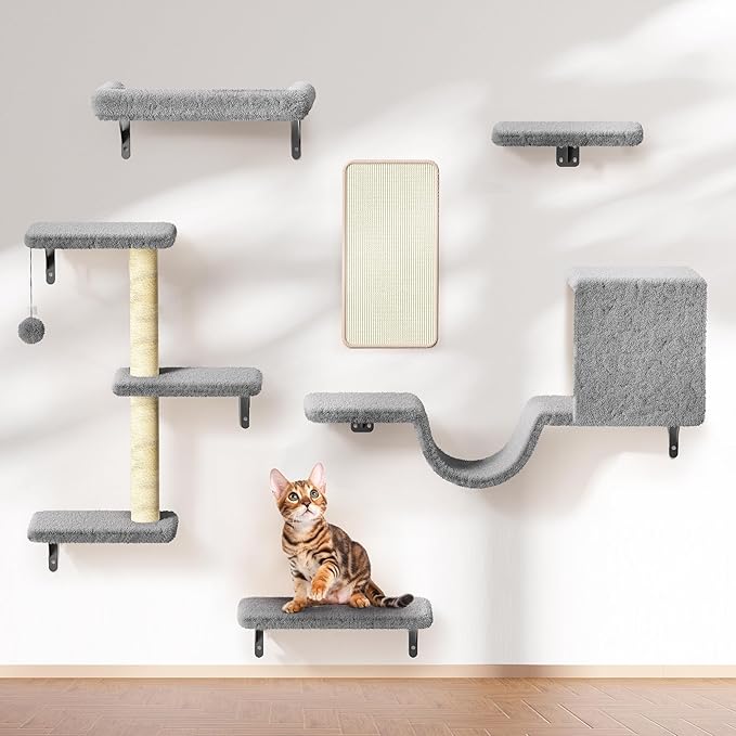 Cat Wall Shelves for Large Cats, Stable & Safe Kitty Walls Furniture Set for 40LBS Cats with Wooden Cat Climber,House, Bridge, Tree, Steps, and Scratcher for 16 Inch Drywall (Grey, 5-in-1)