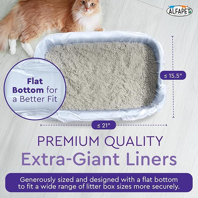Alfapet Extra Large cat Litter Box Liners-6 Boxes- Heavy Duty 2 mil Thick Plastic, Clever Drawstring Liner for Easy Disposal- Flat Bottom for Easy, Secure Placement in Kitty Pan-Disposable