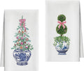Kitchen Towels Set of 2, Blue and White Porcelain Chinoiserie Dish Towel for Kitchen Bathroom, Pink Bow Decorative Hand Towels, Housewarming for Women Mom Hostess -10