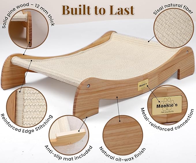 Mookie’s 26.5”x16.7” Extra Large Cat Scratcher Bed | Wooden Cat Couch with Natural Sisal | Cat Lounge Scratching Pad for Large Indoor Cats | Durable Horizontal Scratcher Furniture for Cats