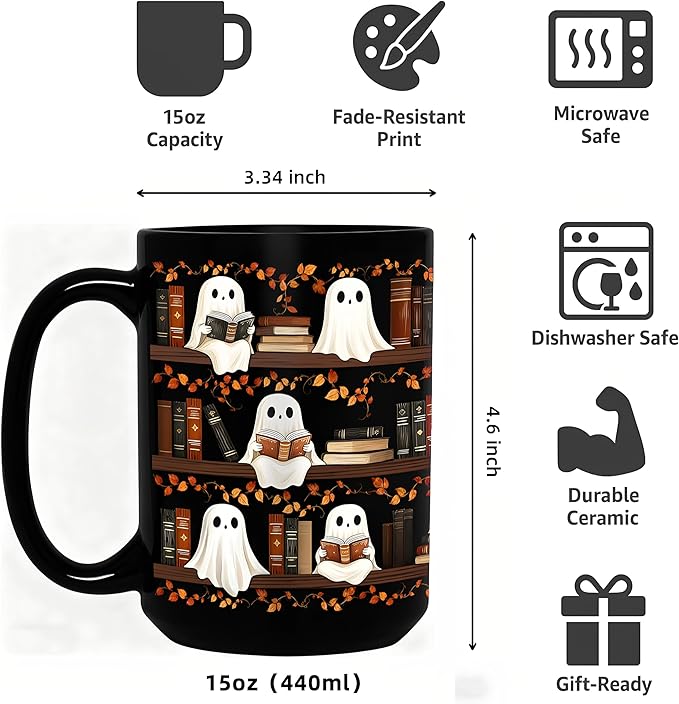Halloween Cute Ghost Reading Coffee Mug, 15oz Black Ceramic Novelty Tea Cup, Spooky Halloween Ghost & Book Themed Mug for Book Lovers & Readers, Fun Festive Bookish Gift for Women, Men & Coworkers