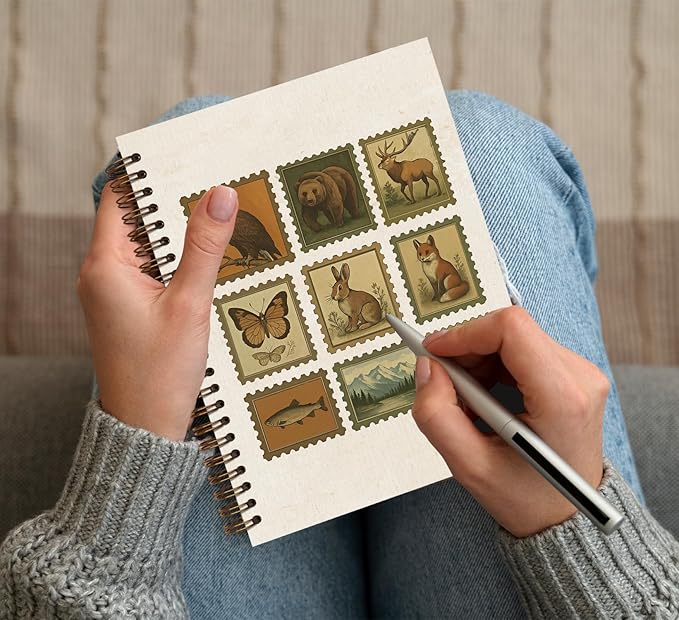 KDHTY Vintage Cottagecore Notebook Journal Postal Stamp Animal Journal Notebook,Fox Fish Notebooks College Ruled for Office School Classroom,Funny Notebook Office Supplies Gifts,5.5 x 8.3