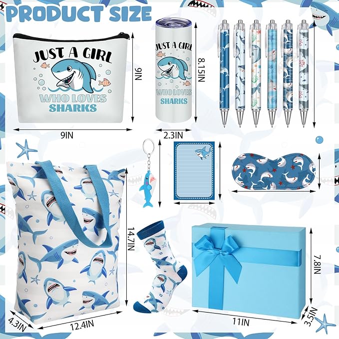 Wonderjune 14 Set Ocean Themed Gifts Baskets Set Summer Sea Marine Life Gifts for Ocean Animal Lover Tote Keychain Cup Socks Makeup Bags Box for Teens Friend Birthday Graduation Party
