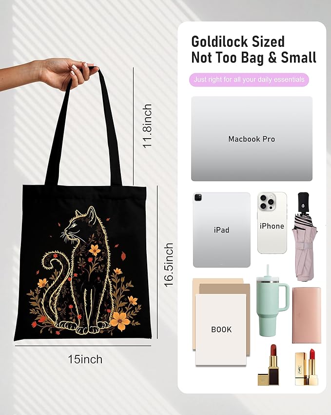 DYALE Canvas Tote Bag Double-Sided Prints with Snap Closure, Cute Tote Bag with Pocket for Shopping, Library, Work, Travel