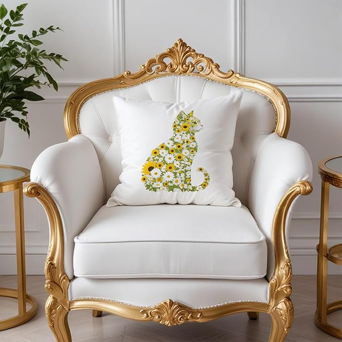 Daisy Floral Cat Pillow Covers 18x18, Gifts for Cat Lovers Mom Lady Owners, Elegant Kitten Kitty Decorative Pillow Covers for Home Bedroom Living Room Decor, Pet Lover Gifts