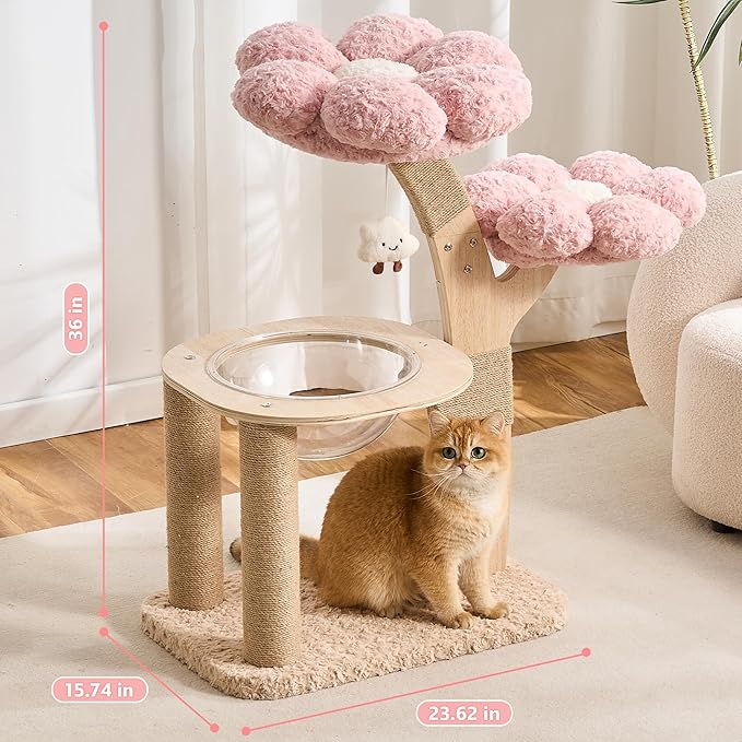 HITTITE Flower Cat Tree with Scratching Post, 36 Inches Cute Cat Tower with Wooden Branch Design, Modern Cat Climbing Tower with Flower Perches and Space Capsule for Indoor Cats Large Adult. Pink