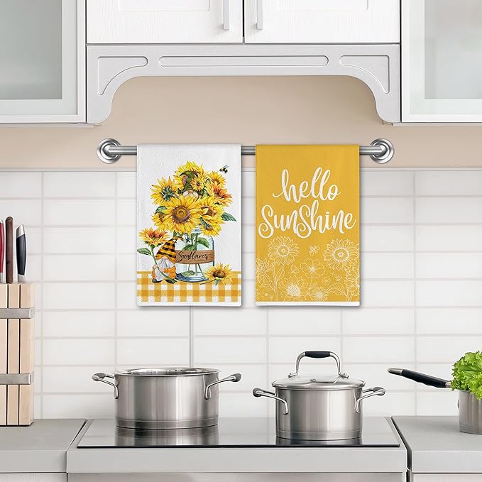 Hexagram Sunflower Kitchen Towels Set of 2, Sunflower Decor Gifts for Women, Funny Cute Housewarming Dish Hand Towels for Home Kitchen Decor