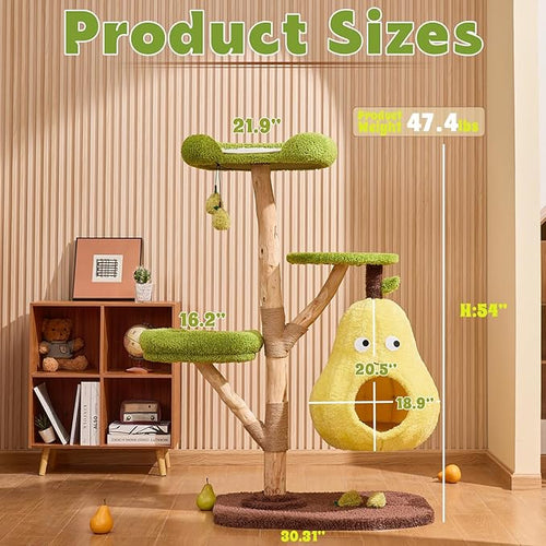 54'' Modern Cat Tree for Indoor Large Cats,Luxury Pear Theme Cat Tower with Soild Wood Sisal Scratching Post,Cute Condo for Home Decoration,All in One for Multi-cat Households