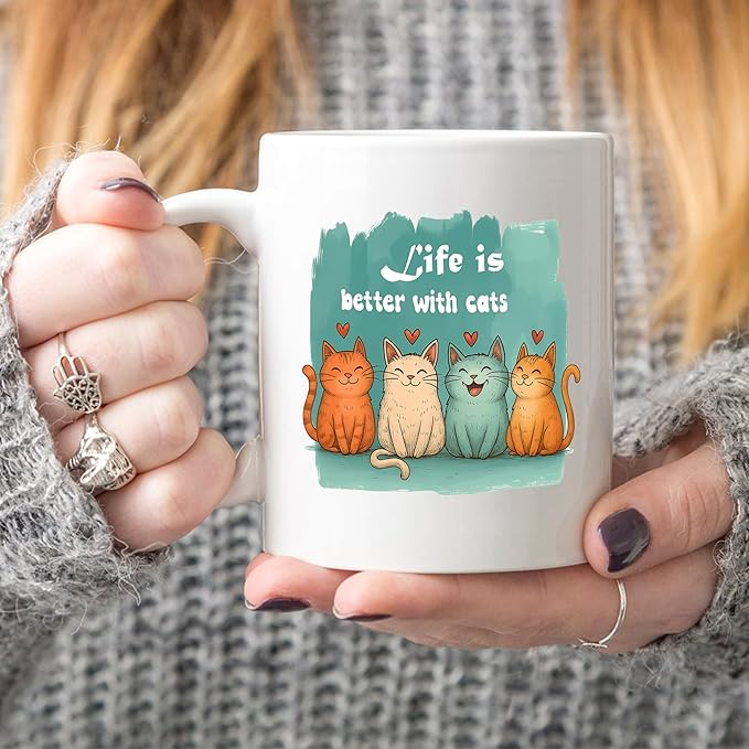5Aup Cat Owner Coffee Mug Gifts 11 Oz - ‘Life is Better with Cats’ (Even When They’re Little Terrorists), Funny Kitten Design for People Who Speak Cat Code