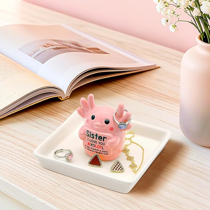 Sister Gifts: Pink Axolotl Ring Holder - Sister I Love You Axolotl - Gifts for Sisters Mother's Day, Birthday, Christmas & Wedding, Jewelry Organizer for Rings Bracelets Earrings Neckalce