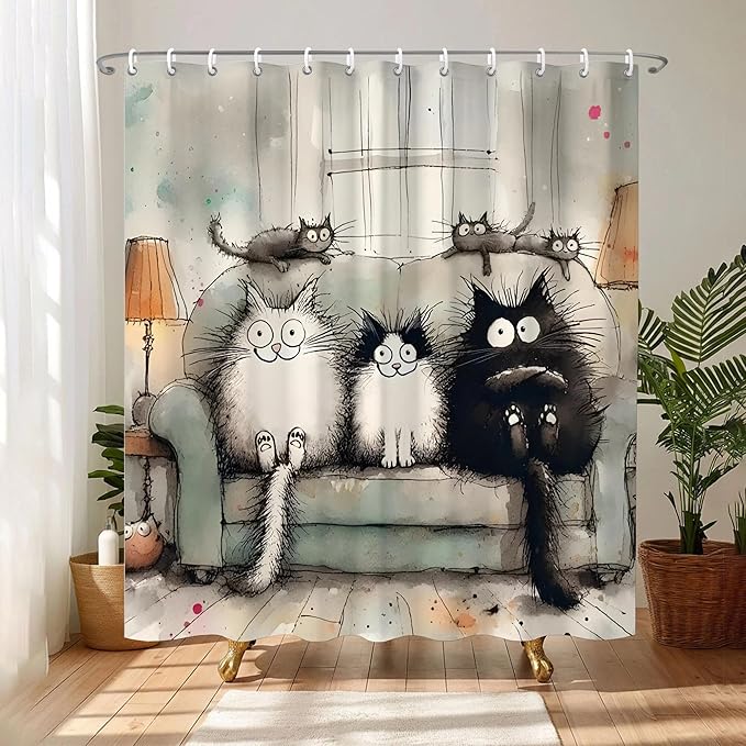 Kawaii Cartoon Cat Shower Curtains,Cute Cat Bathroom Decor for Kids Women,Funny Waterproof Polyester Bath Curtains for Home Decor,72x72 Inch
