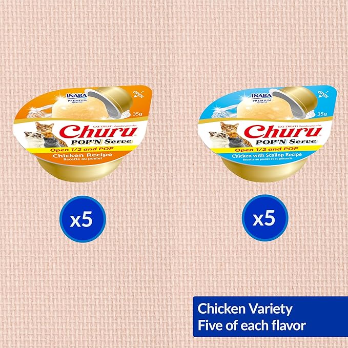 INABA Churu Pop'N Serve Jelly Cat Treat with Vitamin E & Taurine, 1.2 Ounce Cup, 10 Cups, Chicken Variety