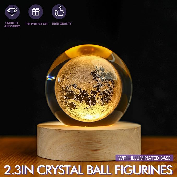 Crystal Moon Crystal Ball with Light Base Night Light 2.3Inches Glass Moon Globe Home Decor Birthday Gift for Women, Friends, Family