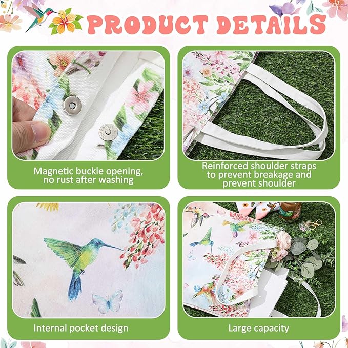 Paterr 4 Pcs Hummingbird Gifts for Women, Hummingbird Lover Gifts for Valentine's Day Birthday Mother's Day Decorations, with Canvas Tote Bag 16oz Glass Coffee Cup with Straw Cute Keychain Socks