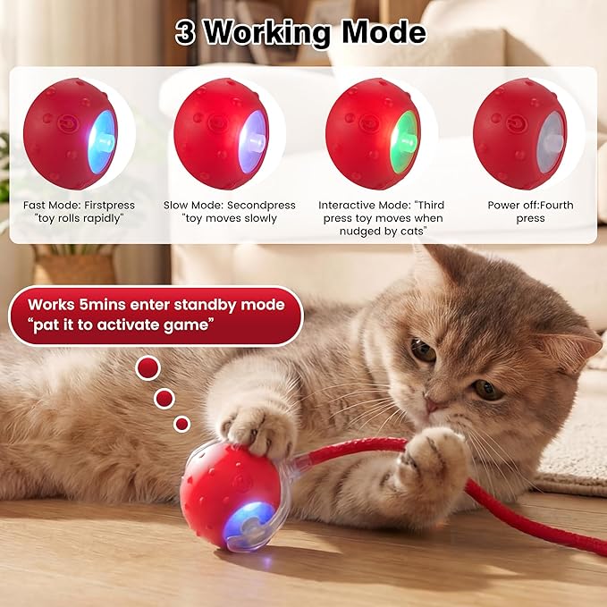 ZUAMEGUPetToy, Interactive Cat & Dog Ball Toy with Bird Sounds, Rechargeable 360° Smart Auto-Rolling Electric Pet Ball Toy (with Leash), Suitable for Indoor & Outdoor Use (Red)